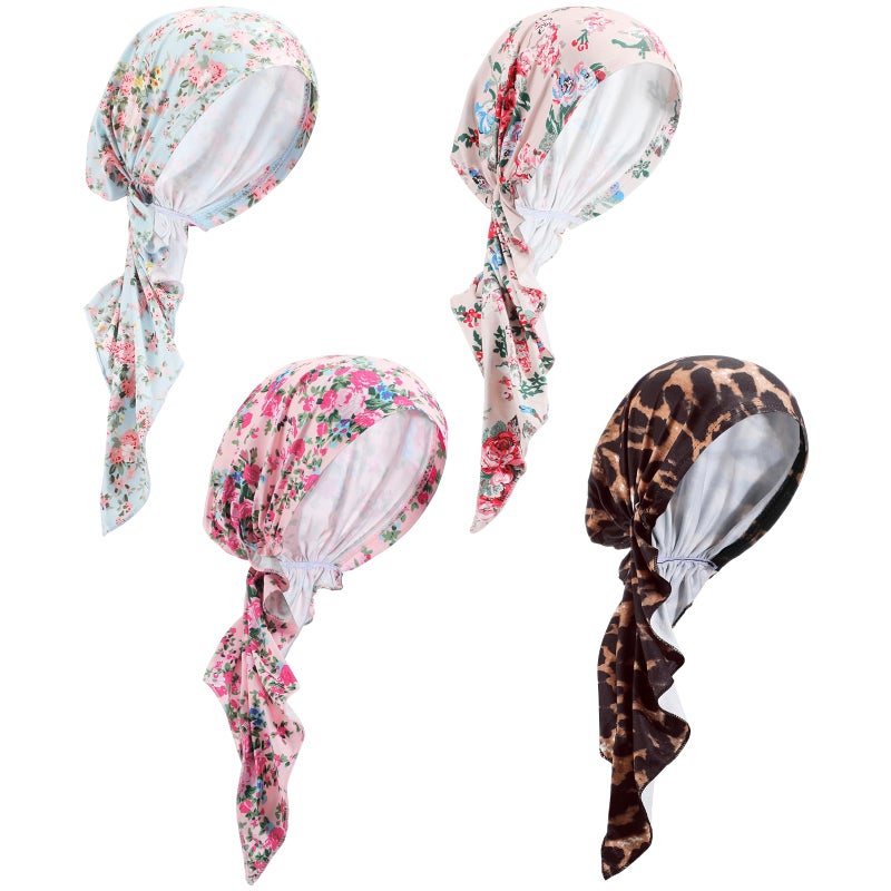 Halfchet 4 Pcs Chemo Headwear for Women Pre Tied Cancer Caps Cotton Head Scarf Turbans for Women Patients Gifts(Crushed Flower) - Image 1