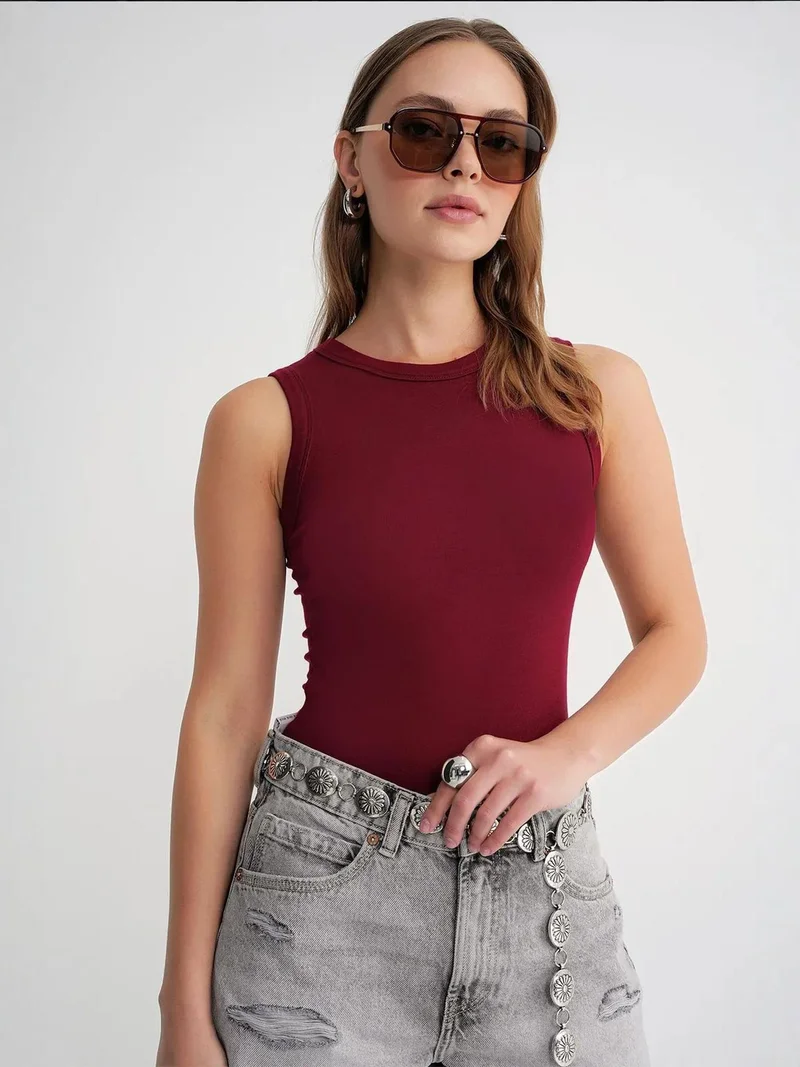 MixRay Mixray Ribbed Crew Neck Fitted Tank Top