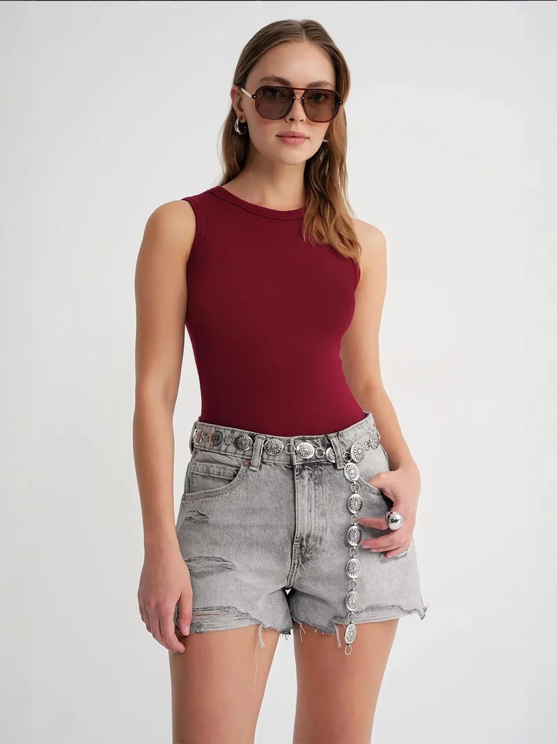 MixRay Mixray Ribbed Crew Neck Fitted Tank Top