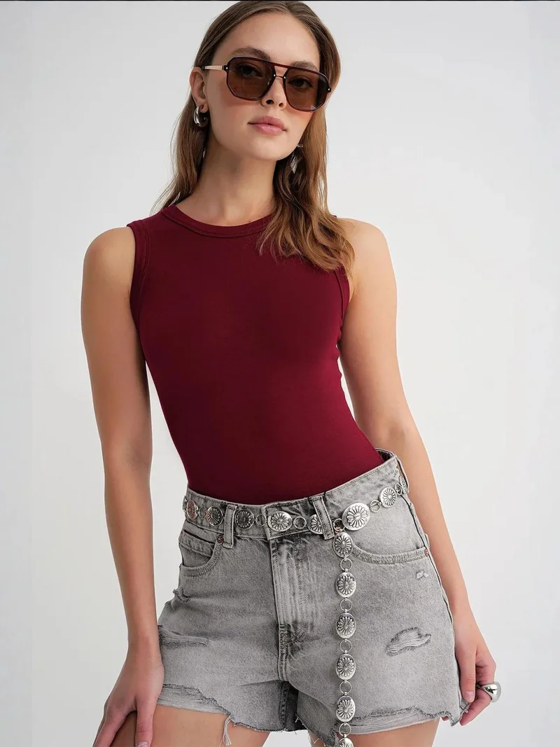 MixRay Mixray Ribbed Crew Neck Fitted Tank Top