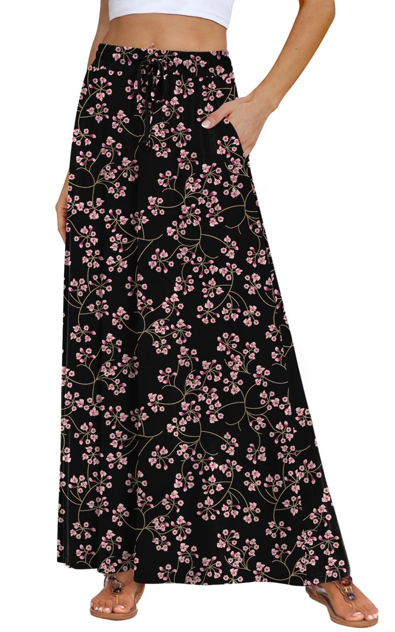 DB MOON Womens Maxi Skirt 2026 Casual Flowy Elastic High Waist Long Skirts with Pockets M Flower Gypsophila Black - Image 1