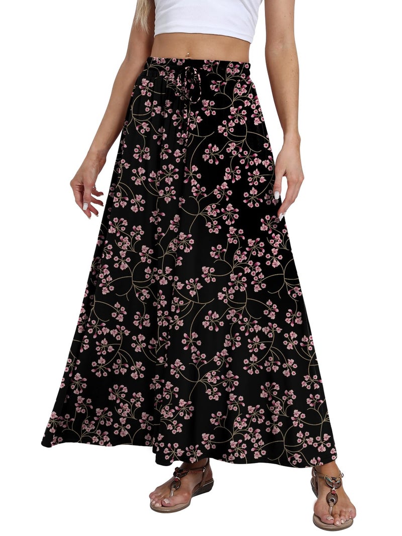 DB MOON Womens Maxi Skirt 2026 Casual Flowy Elastic High Waist Long Skirts with Pockets M Flower Gypsophila Black - Image 3