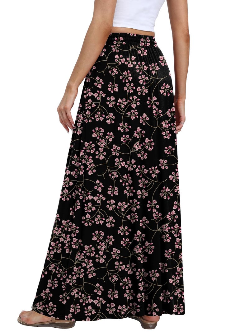 DB MOON Womens Maxi Skirt 2026 Casual Flowy Elastic High Waist Long Skirts with Pockets M Flower Gypsophila Black - Image 2