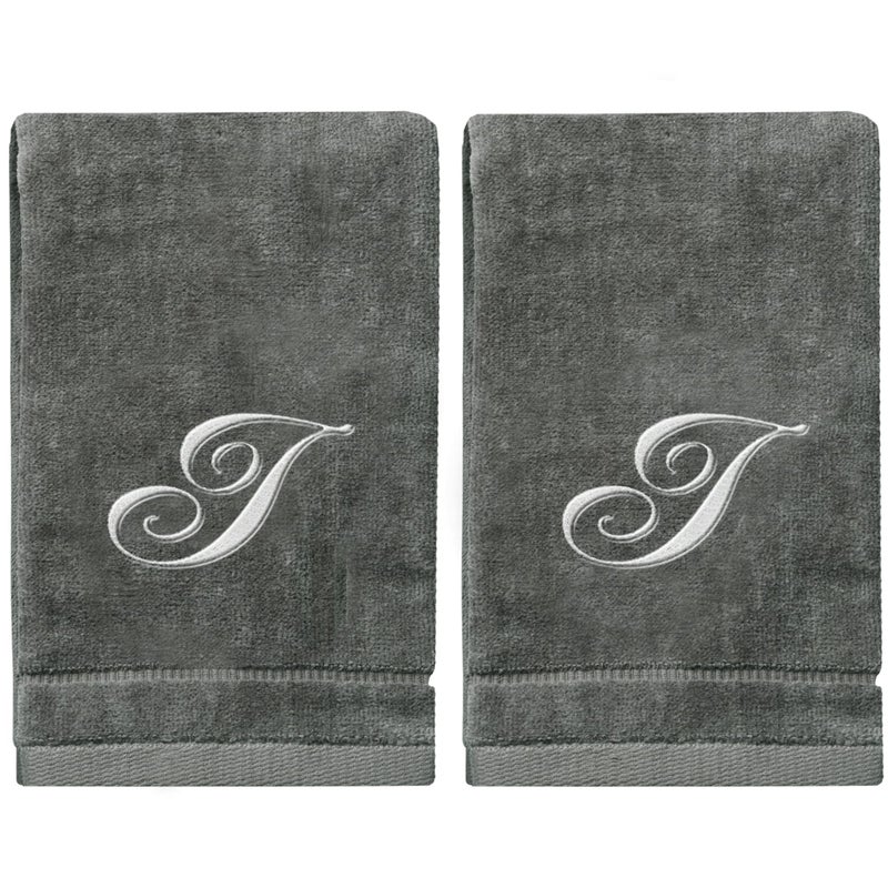 Monogrammed Towels Fingertip Personalized Gift 11 x 18 Inches  Set of 2 Silver Embroidered Towel  Extra Absorbent 100 Cotton Soft Velour Finish  For Bathroom Kitchen Spa Initial I Gray