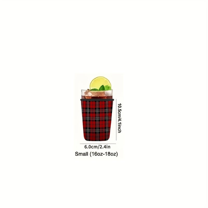 1 Pc Neoprene Joyful Red Checkered Print Reusable Bottle Sleeve Medium 22oz 24oz Keep Iced Coffee Cold And Stylish Perfect Gift For Family And Friends - Image 5