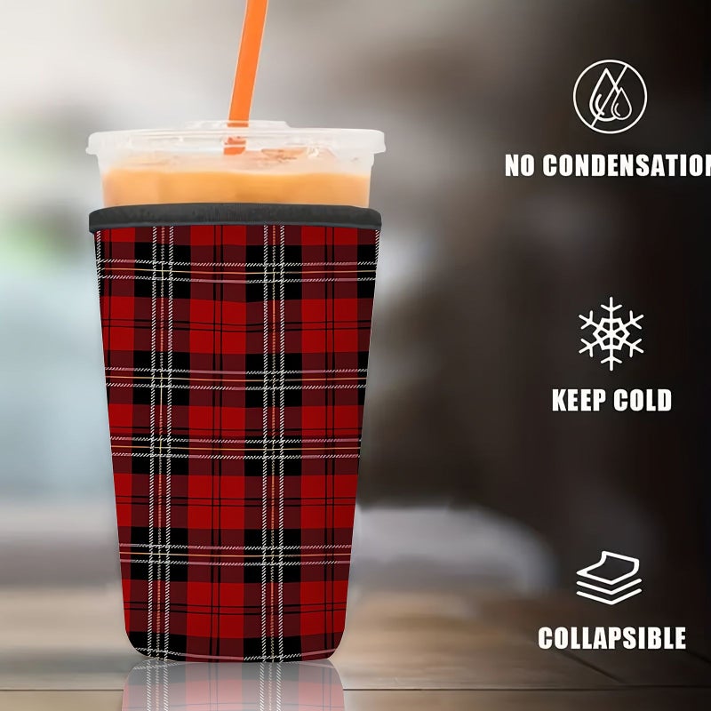 1 Pc Neoprene Joyful Red Checkered Print Reusable Bottle Sleeve Medium 22oz 24oz Keep Iced Coffee Cold And Stylish Perfect Gift For Family And Friends - Image 1