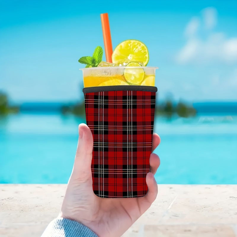 1 Pc Neoprene Joyful Red Checkered Print Reusable Bottle Sleeve Medium 22oz 24oz Keep Iced Coffee Cold And Stylish Perfect Gift For Family And Friends - Image 2