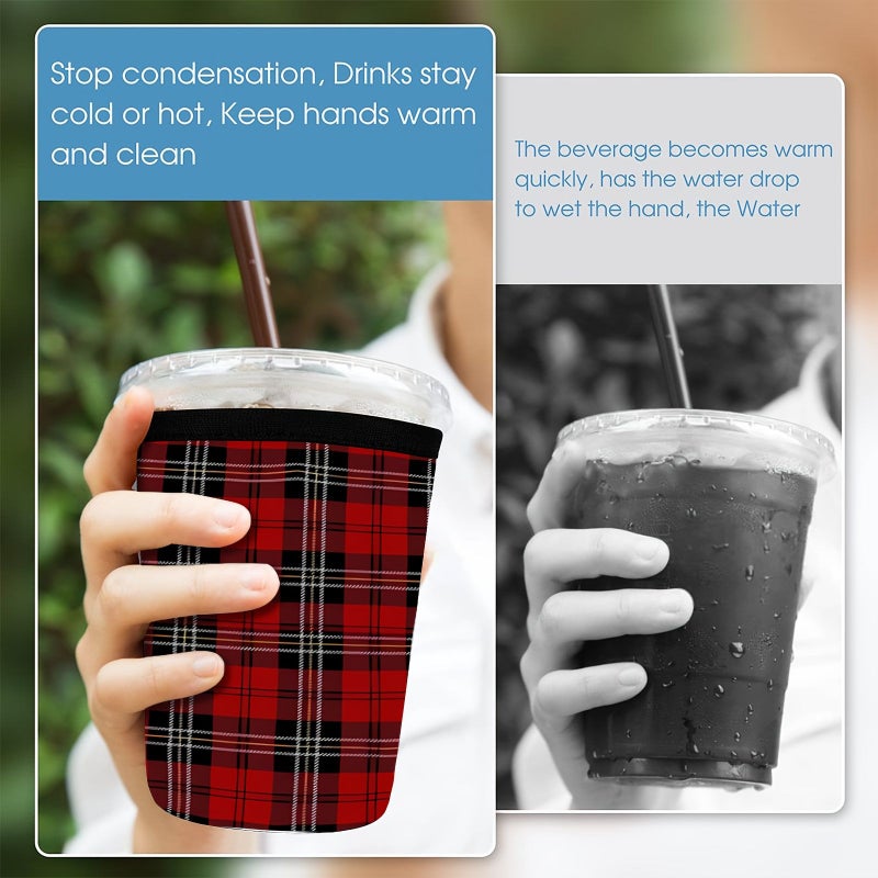 1 Pc Neoprene Joyful Red Checkered Print Reusable Bottle Sleeve Medium 22oz 24oz Keep Iced Coffee Cold And Stylish Perfect Gift For Family And Friends - Image 3