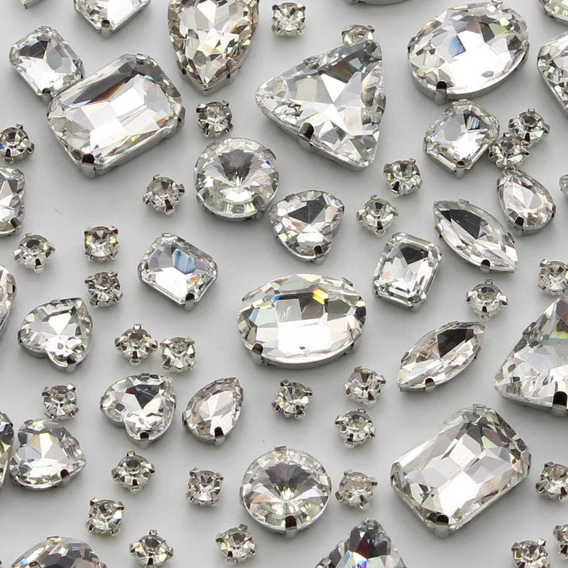 TANOSII Sew on Rhinestones 100 PCS Mixed Shapes Glass Rhinestones Sew on Crystal Gems Mental Flatback with Silver Claw for Jewelry Crafts Clothes Shoes Costume Garment White - Image 1