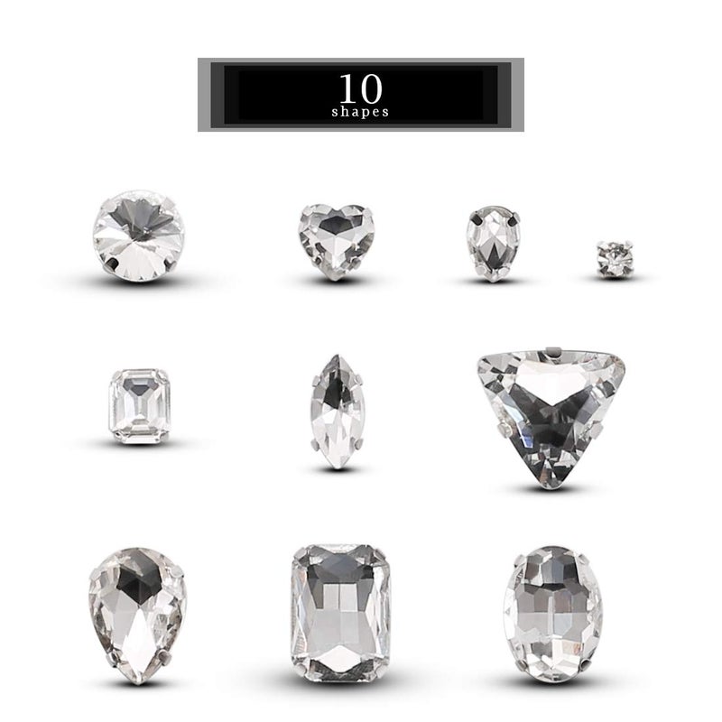 TANOSII Sew on Rhinestones 100 PCS Mixed Shapes Glass Rhinestones Sew on Crystal Gems Mental Flatback with Silver Claw for Jewelry Crafts Clothes Shoes Costume Garment White - Image 2