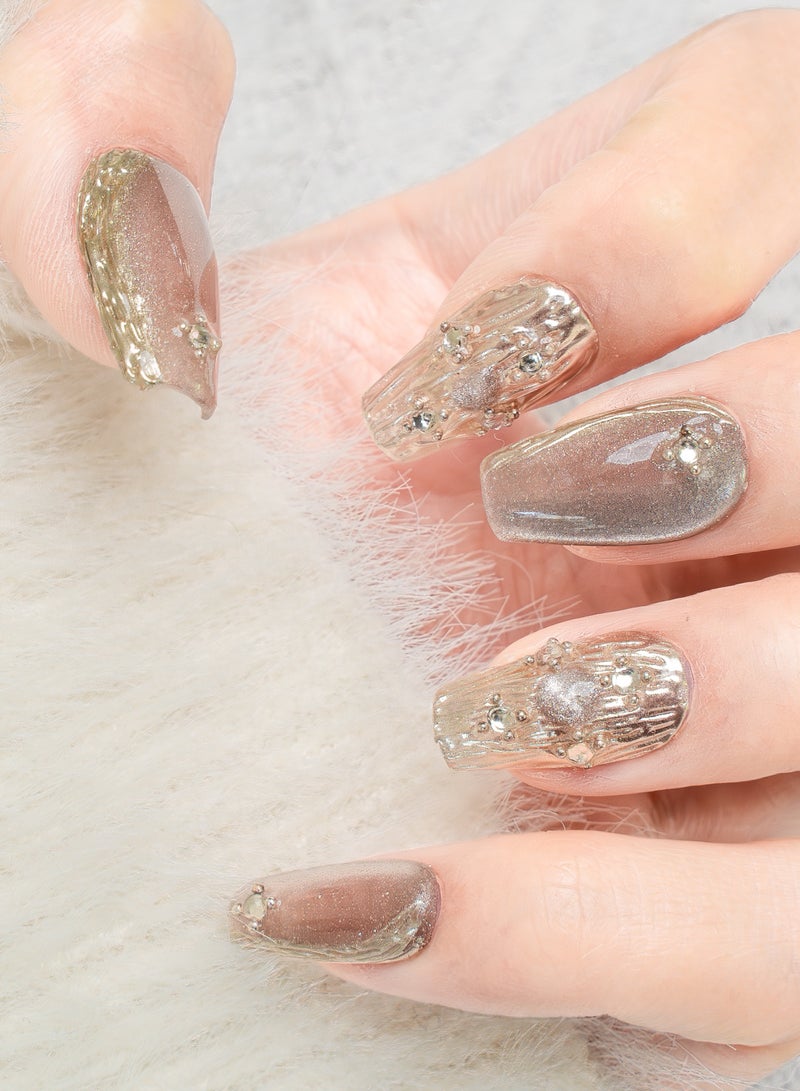 Nailosophy 10 Pcs Handmade Gel Press On Nails Coffin Medium Champagne Gold Cat Eye Metallic Reusable False Nails Nail Kit for Women Party Wedding Eid Special Occasions Gift - Image 1