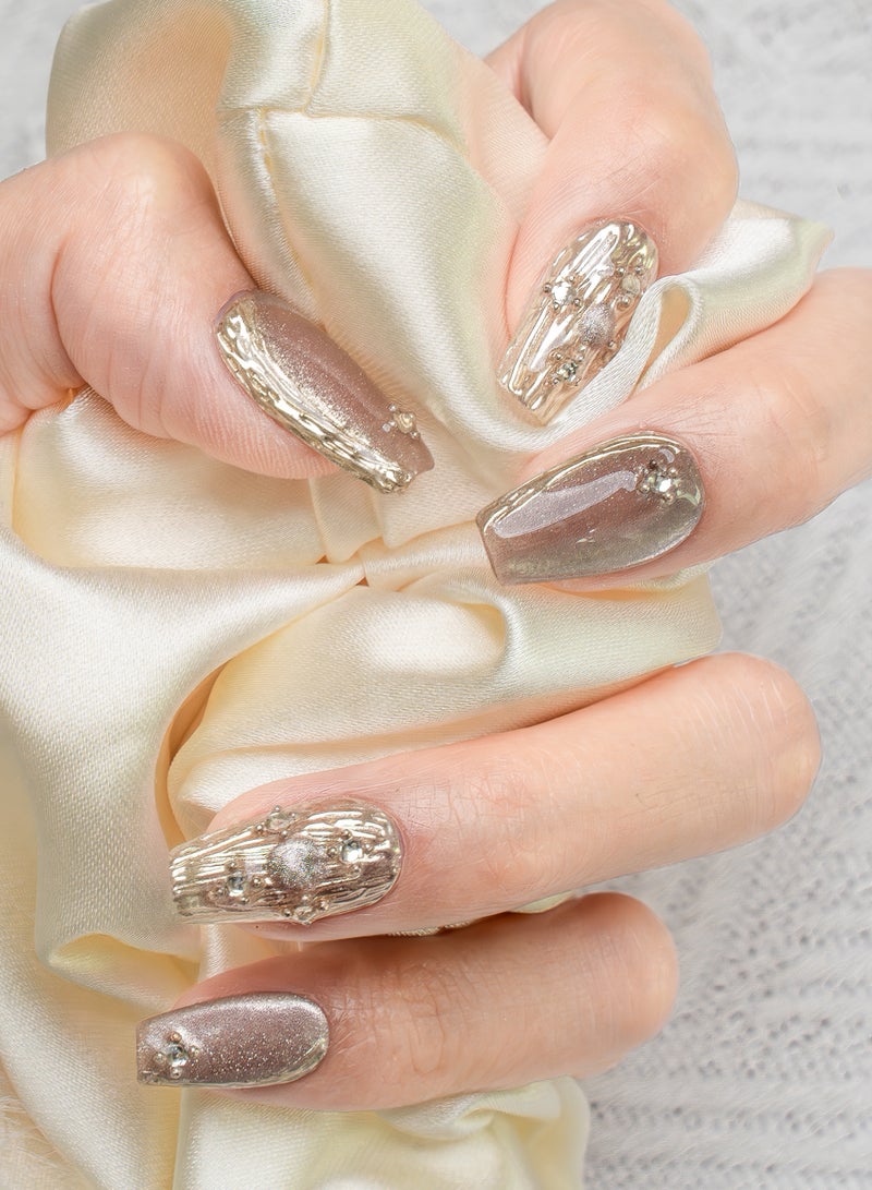 Nailosophy 10 Pcs Handmade Gel Press On Nails Coffin Medium Champagne Gold Cat Eye Metallic Reusable False Nails Nail Kit for Women Party Wedding Eid Special Occasions Gift - Image 2