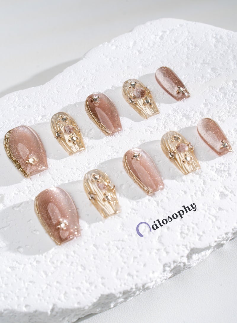 Nailosophy 10 Pcs Handmade Gel Press On Nails Coffin Medium Champagne Gold Cat Eye Metallic Reusable False Nails Nail Kit for Women Party Wedding Eid Special Occasions Gift - Image 3