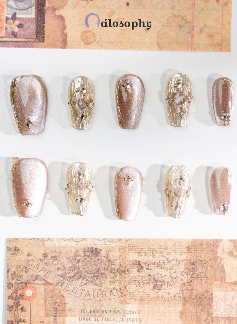 Nailosophy 10 Pcs Handmade Gel Press On Nails Coffin Medium Champagne Gold Cat Eye Metallic Reusable False Nails Nail Kit for Women Party Wedding Eid Special Occasions Gift - Image 4