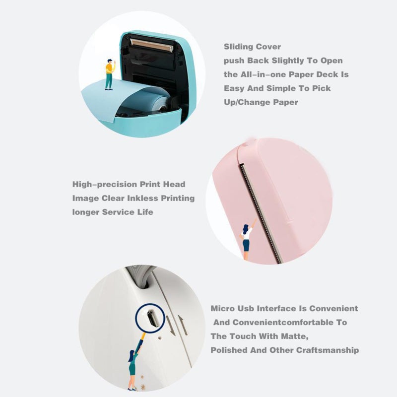 طابعة صور مصغرة: دقة 203 نقطة بالبوصة، بطارية قابلة لإعادة الشحن سعة 1000 مل أمبير، بدون حبر، وظيفة متكاملة - حجم جيب صغير لطيف، بلوتوث لاسلكي 4.0، طابعة محمولة منزلًا ومكتبًا وللسفر وللطلاب وللعمل المكتبي - Image 2