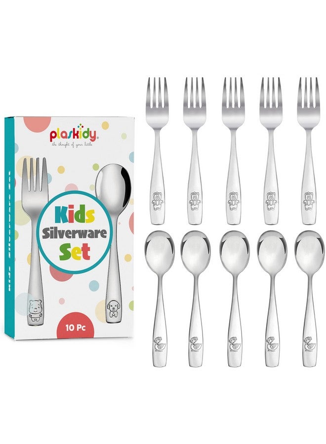 PLASKIDY Kids Silverware Stainless Steel Set of 10 Toddler Utensils Forks and Spoons - Dishwasher Safe Kids Flatware Set Children's Safe Cutlery Set - Image 1