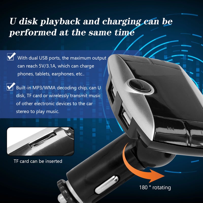 مشغل MP3 سيارة مع إرسال FM لاسلكي بتعريف Bluetooth وستيريو صوتي ومشحون سيارة USB مزدوج مع شاشة LCD يدعم المكالمات الحرة والذاكرة المتصلة عبر USB - Image 4