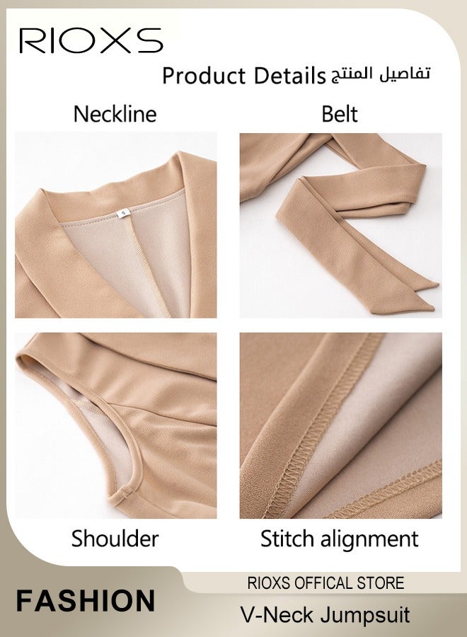 بذلة نسائية بدون أكمام ورقبة على شكل V، بذلة صيفية غير رسمية بخصر عالٍ وحزام وساقين واسعتين وطويلة للسيدات، بذلة مريحة وواسعة مع حزام خصر، بذلة أنيقة من قطعة واحدة مع جيوب، ملابس رسمية أنيقة لحفلات الزفاف وحفلات الكوكتيل والمناسبات المكتبية والعشاء الرسمي أو المواعيد الغرامية، لون مشمشي