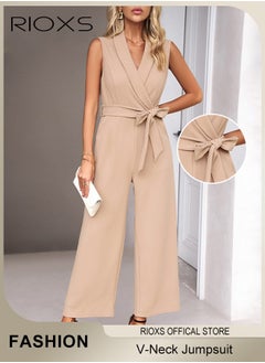 RIOXS Women's Sleeveless Slimming Jumpsuit Outfit, V Neck Top And Loose Straight Leg Long Pants, Ladies Jumpsuit With Waist Belt, Jumpsuits Dressy Casual One Piece Outfits Belted Outfit, Rompers with Pockets, For Business Work And Daily Wear  - Image 1