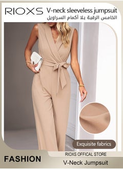 RIOXS Women's Sleeveless Slimming Jumpsuit Outfit, V Neck Top And Loose Straight Leg Long Pants, Ladies Jumpsuit With Waist Belt, Jumpsuits Dressy Casual One Piece Outfits Belted Outfit, Rompers with Pockets, For Business Work And Daily Wear  - Image 2