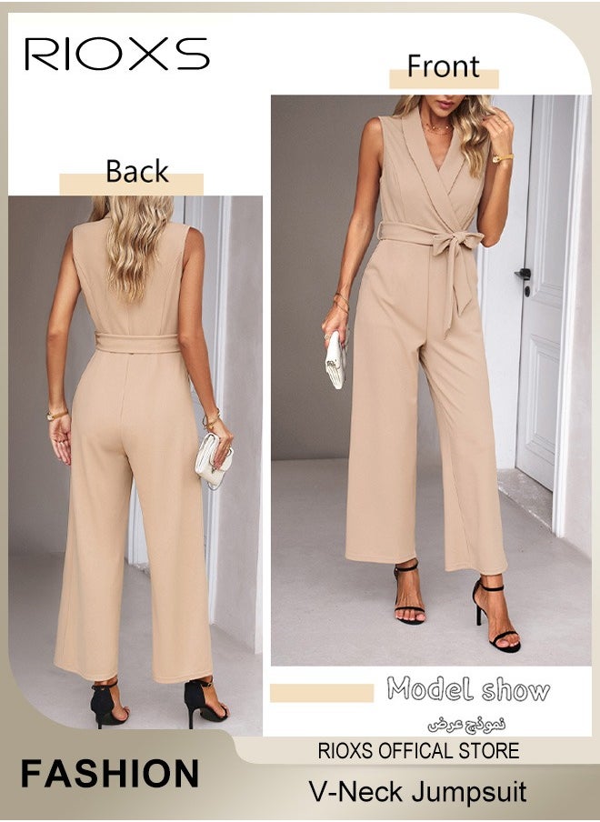 Women's Sleeveless Slimming Jumpsuit Outfit, V Neck Top And Loose Straight Leg Long Pants, Ladies Jumpsuit With Waist Belt, Jumpsuits Dressy Casual One Piece Outfits Belted Outfit, Rompers with Pockets, For Business Work And Daily Wear - pzsku/ZCD0FEF04B1EDCE52E0BFZ/45/_/1730195016/69e81d9d-4266-44a6-ae53-e080388835d9