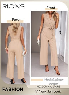 RIOXS Women's Sleeveless Slimming Jumpsuit Outfit, V Neck Top And Loose Straight Leg Long Pants, Ladies Jumpsuit With Waist Belt, Jumpsuits Dressy Casual One Piece Outfits Belted Outfit, Rompers with Pockets, For Business Work And Daily Wear  - Image 3