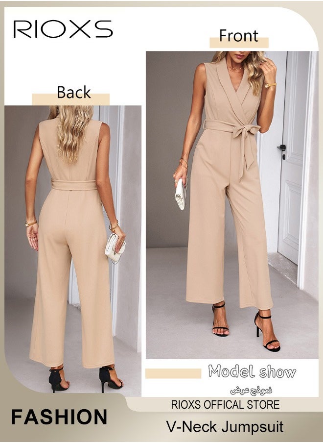 RIOXS Women's Sleeveless Slimming Jumpsuit Outfit, V Neck Top And Loose Straight Leg Long Pants, Ladies Jumpsuit With Waist Belt, Jumpsuits Dressy Casual One Piece Outfits Belted Outfit, Rompers with Pockets, For Business Work And Daily Wear  - Image 3