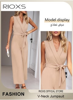 RIOXS Women's Sleeveless Slimming Jumpsuit Outfit, V Neck Top And Loose Straight Leg Long Pants, Ladies Jumpsuit With Waist Belt, Jumpsuits Dressy Casual One Piece Outfits Belted Outfit, Rompers with Pockets, For Business Work And Daily Wear  - Image 4