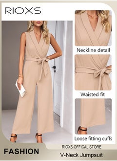 RIOXS Women's Sleeveless Slimming Jumpsuit Outfit, V Neck Top And Loose Straight Leg Long Pants, Ladies Jumpsuit With Waist Belt, Jumpsuits Dressy Casual One Piece Outfits Belted Outfit, Rompers with Pockets, For Business Work And Daily Wear  - Image 5