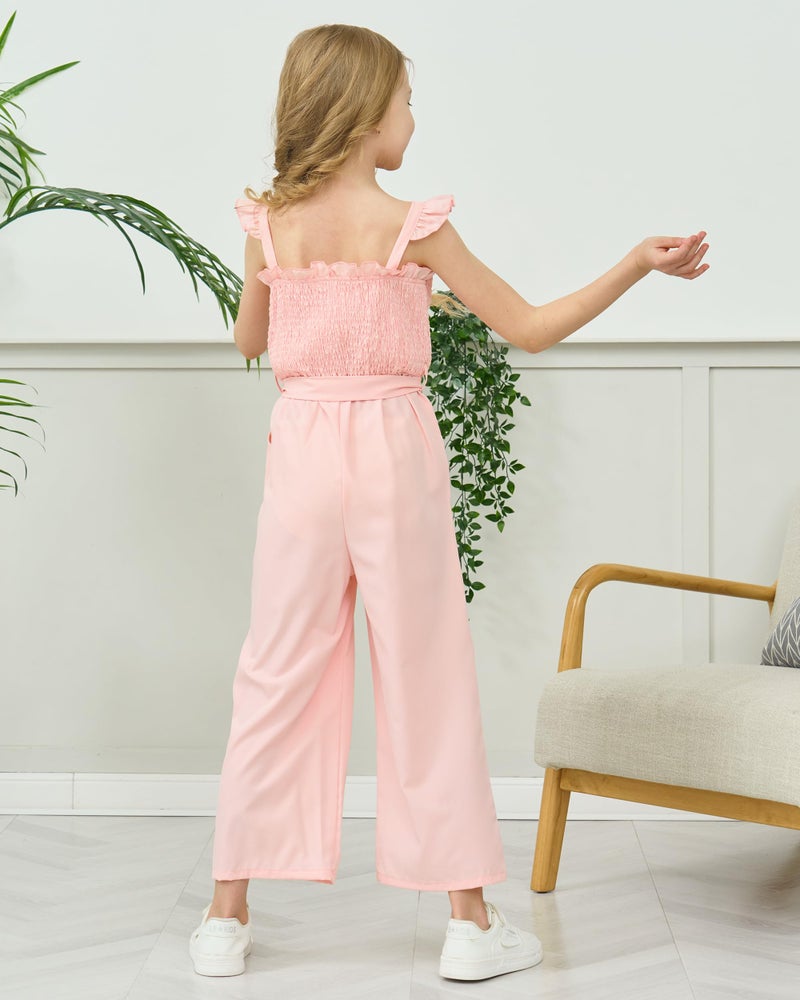 SODLON Preppy Clothes for Girl 9-10 Girls Jumpsuit Kids Fashion Ruffle Sleeveless Wide Leg Belted One-Piece Romper Smocked Summer Outfits with Pockets Pink - Image 4