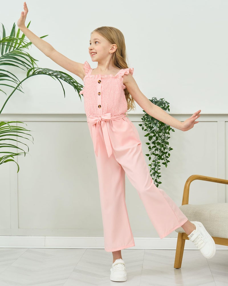 SODLON Preppy Clothes for Girl 9-10 Girls Jumpsuit Kids Fashion Ruffle Sleeveless Wide Leg Belted One-Piece Romper Smocked Summer Outfits with Pockets Pink - Image 3