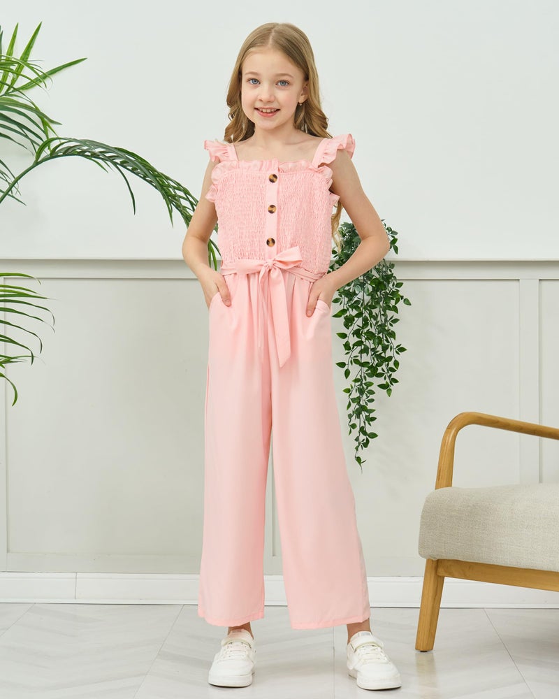 SODLON Preppy Clothes for Girl 9-10 Girls Jumpsuit Kids Fashion Ruffle Sleeveless Wide Leg Belted One-Piece Romper Smocked Summer Outfits with Pockets Pink - Image 2