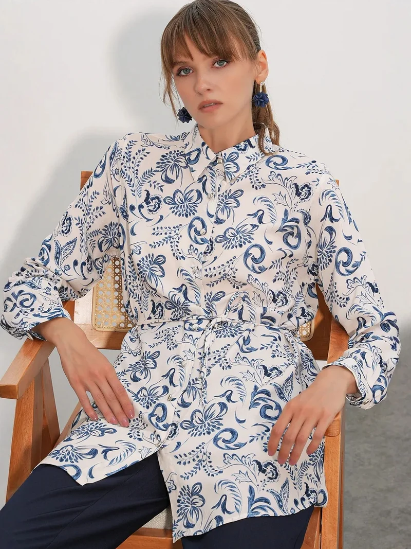 BIG DART BDART Floral Viscose Crepe Belted Long Shirt
