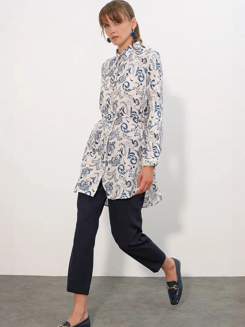 BIG DART BDART Floral Viscose Crepe Belted Long Shirt