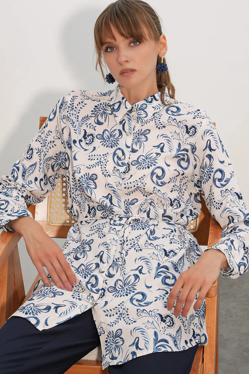 Big Dart BDART Floral Viscose Crepe Belted Long Shirt