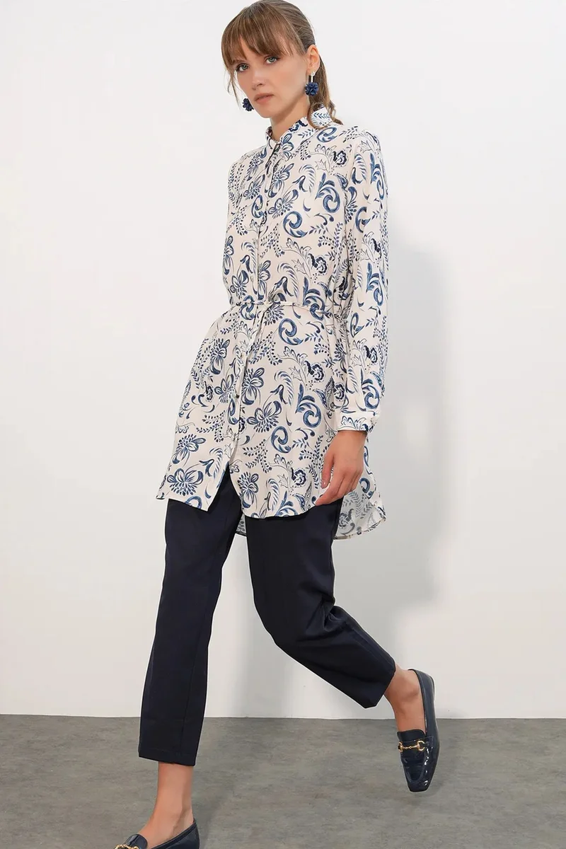 Big Dart BDART Floral Viscose Crepe Belted Long Shirt