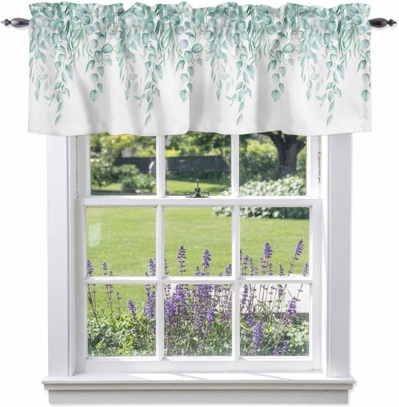 Eucalyptus Leaves Valances for Windows, Short Curtains for Kitchen/Bathroom, Turquoise Summer Botanical Weeping Rod Pocket Window Treatment for Living Room/Doorway/Bedroom/Cafe Decor Panel 54"x18& - Image 1