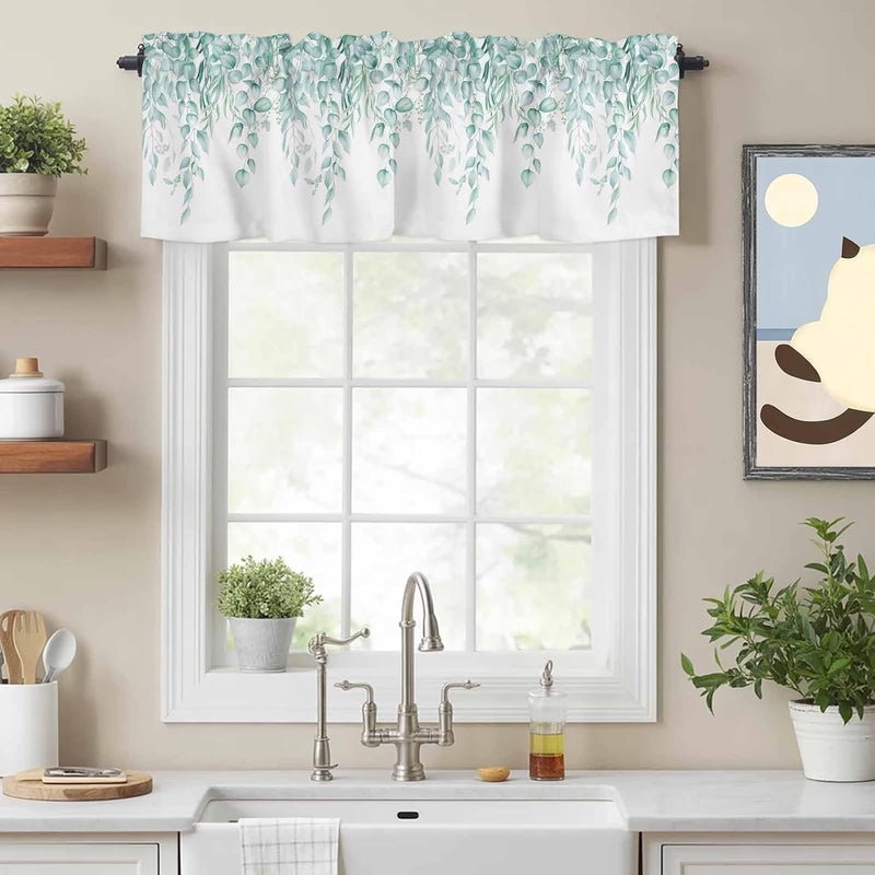 Eucalyptus Leaves Valances for Windows, Short Curtains for Kitchen/Bathroom, Turquoise Summer Botanical Weeping Rod Pocket Window Treatment for Living Room/Doorway/Bedroom/Cafe Decor Panel 54"x18& - Image 2
