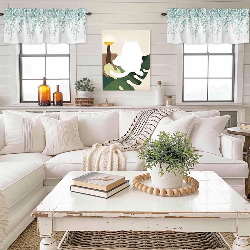 Eucalyptus Leaves Valances for Windows, Short Curtains for Kitchen/Bathroom, Turquoise Summer Botanical Weeping Rod Pocket Window Treatment for Living Room/Doorway/Bedroom/Cafe Decor Panel 54"x18& - Image 4