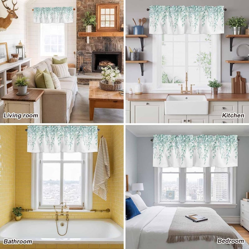 Eucalyptus Leaves Valances for Windows, Short Curtains for Kitchen/Bathroom, Turquoise Summer Botanical Weeping Rod Pocket Window Treatment for Living Room/Doorway/Bedroom/Cafe Decor Panel 54"x18& - Image 5