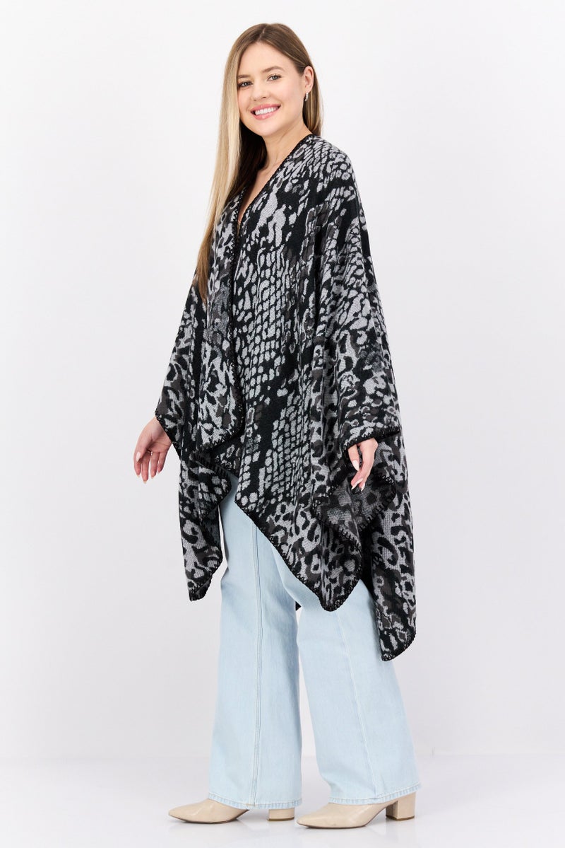 HALSTON Women Snakeskin Print Poncho Sweater, Black  - Image 3