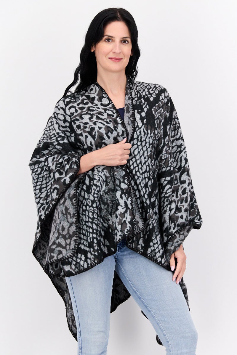 HALSTON Women Snakeskin Print Poncho Sweater, Black  - Image 1