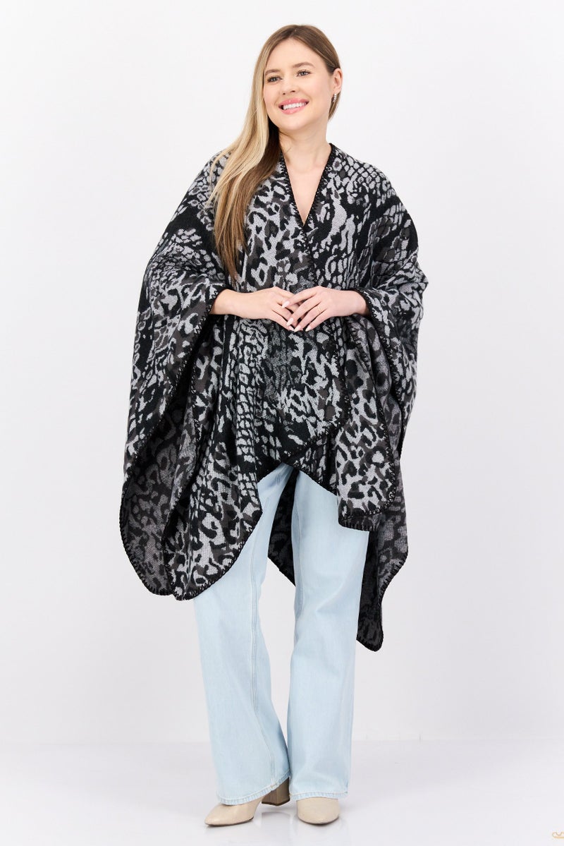 HALSTON Women Snakeskin Print Poncho Sweater, Black - Image 2