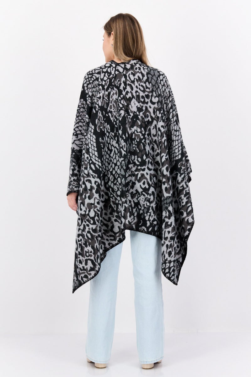 HALSTON Women Snakeskin Print Poncho Sweater, Black - Image 4