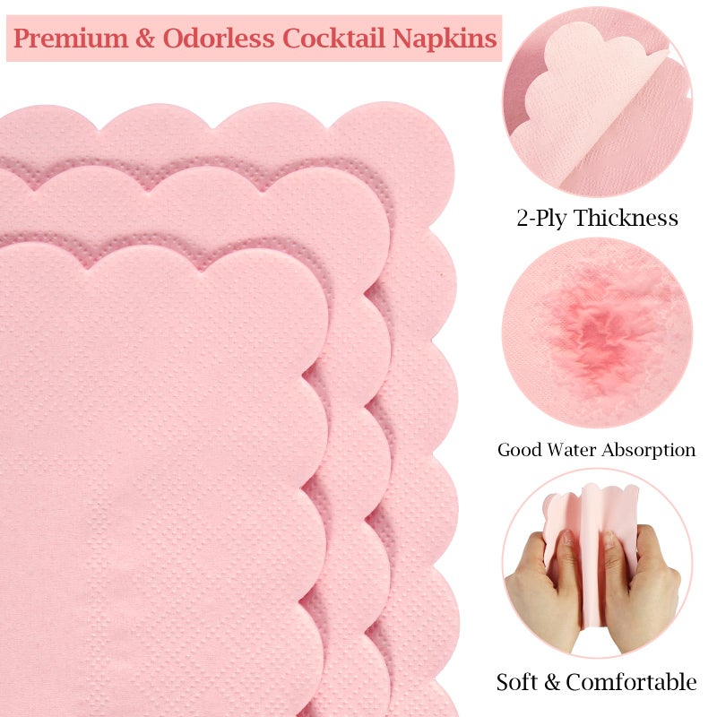 Hoiny 100 Pcs Cocktail Napkins  2-Ply 5 x 5 Inches Disposable Scalloped Napkins  Thick Premium Dessert Napkins for Party  Wedding  Dinner  Birthday  Anniversary  Festival (Pink) - Image 2