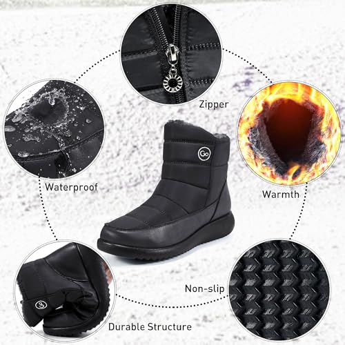 Aomigoct Women Winter Snow Boots Waterproof: Black 8.5 Warm Mid Calf Boots for Women with Fur Lined - Comfortable Outdoor Slip On Booties Anti-Slip - Image 4