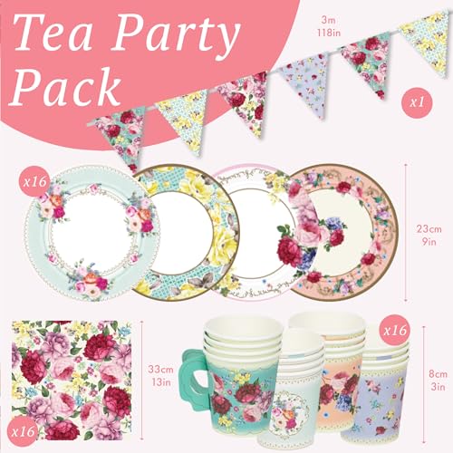Talking Tables 50pcs Floral Afternoon Tea Party Decorations Tea Party Set Pretty Paper Plates Floral Napkins Tea cups Bunting for Birthday Mother's Day Bridal Shower Baby Shower for 16 Guests - Image 2