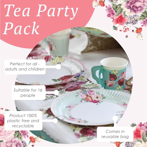 Talking Tables 50pcs Floral Afternoon Tea Party Decorations Tea Party Set Pretty Paper Plates Floral Napkins Tea cups Bunting for Birthday Mother's Day Bridal Shower Baby Shower for 16 Guests - Image 3
