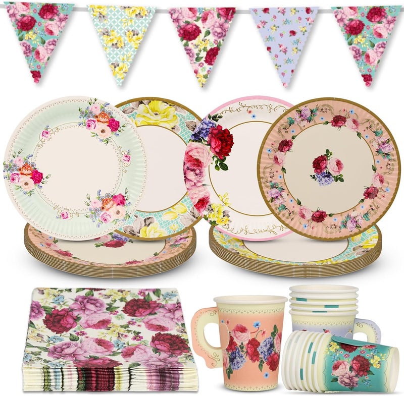 Talking Tables 50pcs Floral Afternoon Tea Party Decorations Tea Party Set Pretty Paper Plates Floral Napkins Tea cups Bunting for Birthday Mother's Day Bridal Shower Baby Shower for 16 Guests - Image 1