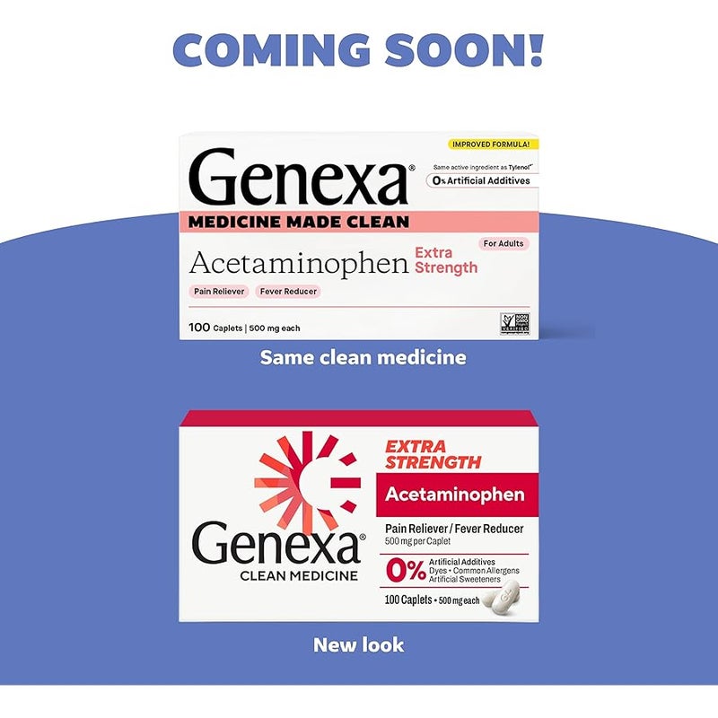 Genexa Clean Acetaminophen 500mg Extra Strength, Dye Free Pain Reliever Fever Reducer, 0% Artificial Additives, Pain Medicine for Adults, Relieves Headache, Backache, Minor Arthritis Pain, 100 Tablets - Image 2